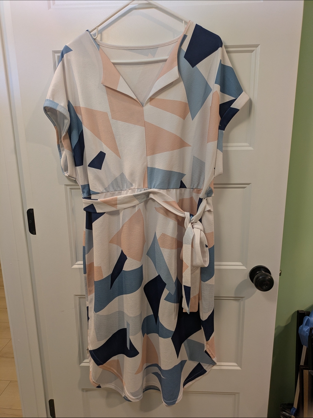 🔴 3/$15. Abstract Geometric Print Belted Women's Dress - Cream, Blue & Blush